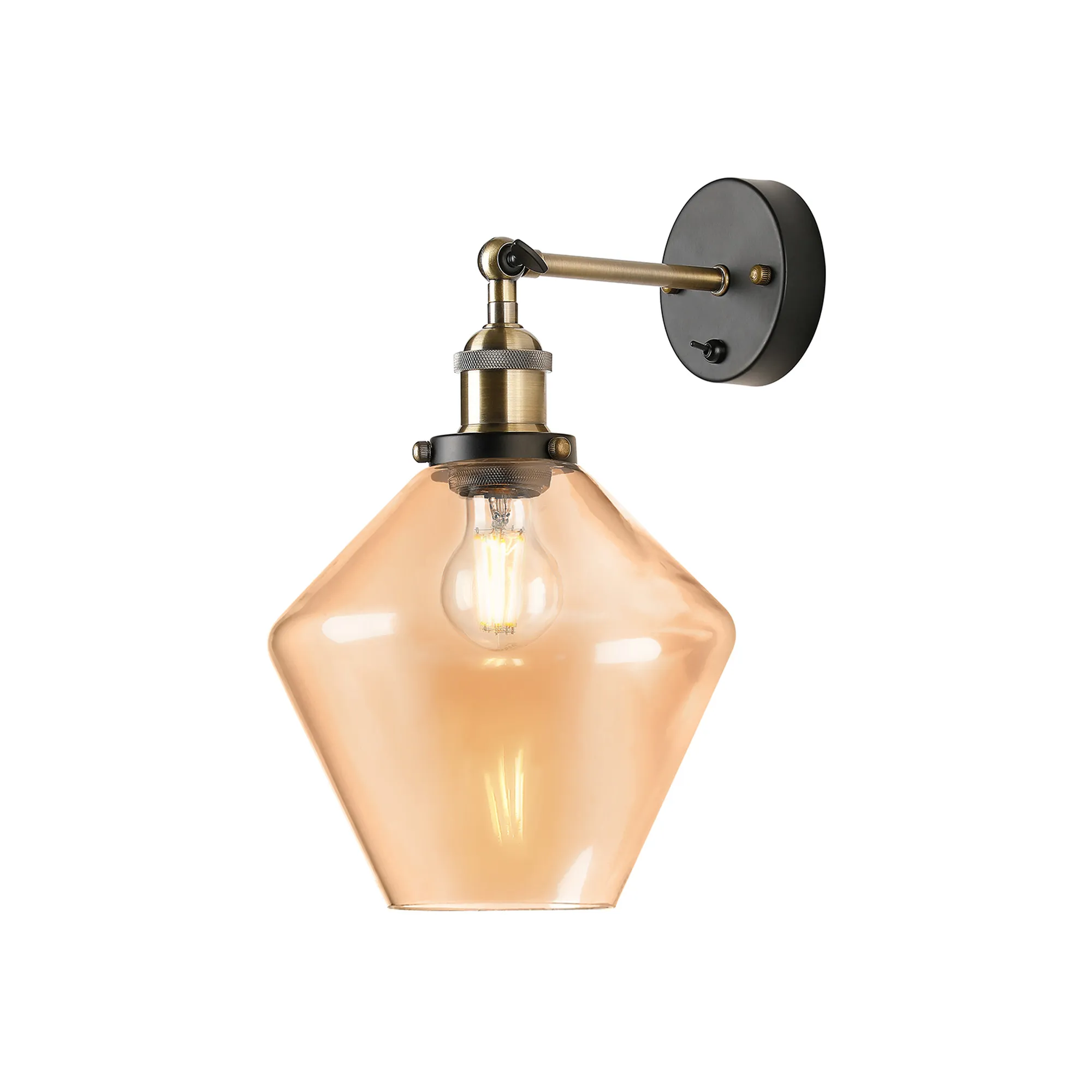 DK1153  Cawdor Wall Light, 1 Light E27, Antique Brass/Black/Amber Diamond Glass